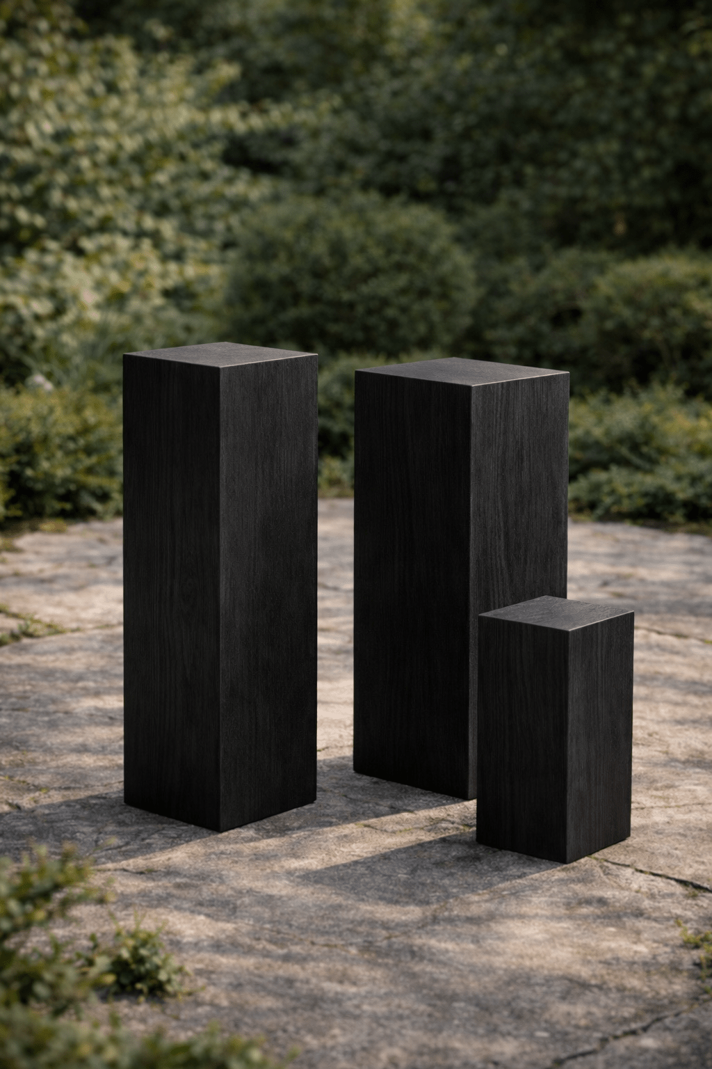 Three black rectangular pillars on a stone surface with greenery in the background